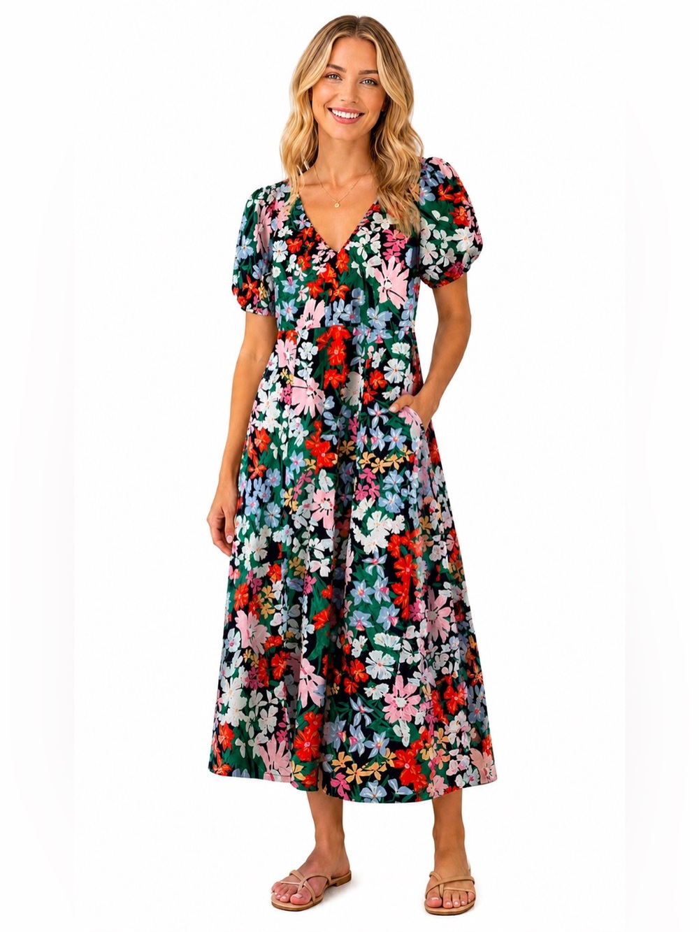 Old Navy Floral Maxi Dress XLT Cotton Puff Sleeve Pockets Smocked Back